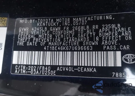 2007 Toyota Camry Le из США, поврежденный, VIN 4T1BE46K67U696663